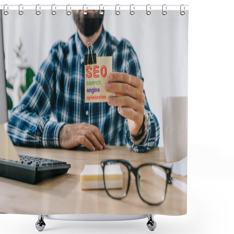 Personality  Cropped Shot Of Young Bearded Developer Holding Sticker With SEO - Search Engine Optimization Shower Curtains