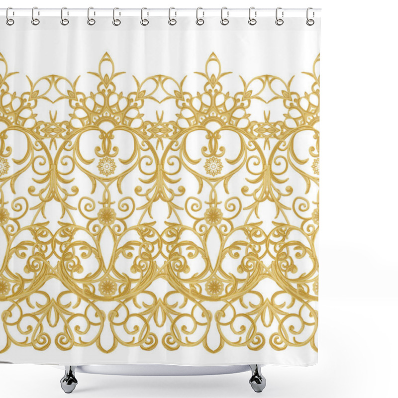 Personality  Seamless Pattern. Golden Textured Curls. Oriental Style Arabesques. Brilliant Lace, Stylized Flowers. Openwork Weaving Delicate, Golden Background. Shower Curtains