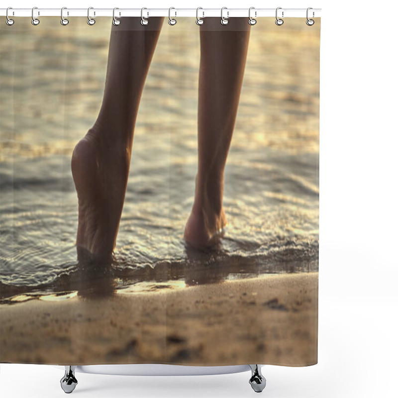 Personality  Female Feet Barefoot On A Sandy Beach In The Water. Close-up Of Beautiful Female Legs. Wet Foot. Shower Curtains