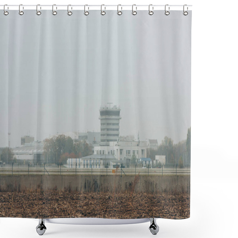 Personality  Airfield With Runway And Airport Buildings With Cloudy Sky At Background Shower Curtains