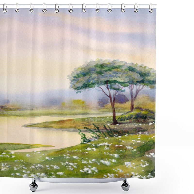 Personality  Handmade Bright Pink Watercolour Paint Sketch Quiet Fog Ravine Horizon View Scene On Paper Backdrop Space For Text. Hand Drawn Light Yellow Color Rainy Sundown Heaven Over Calm Wild Valley Park Creek Shower Curtains