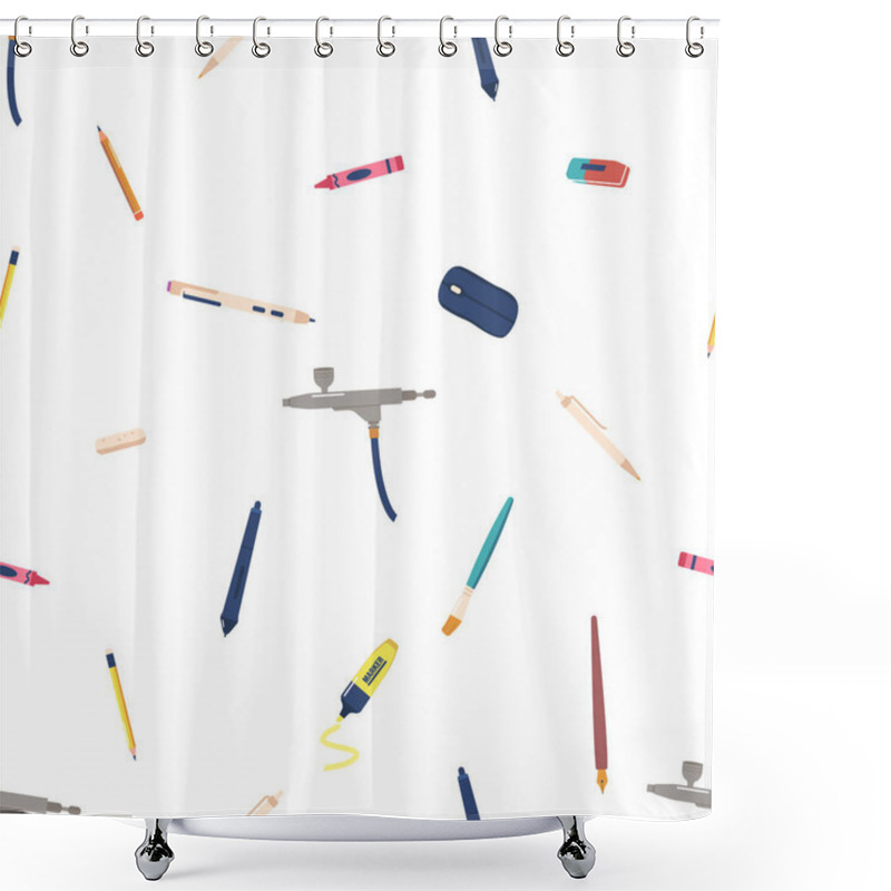 Personality  Seamless Pattern Featuring Vibrant Writing Tools Pens, Pencils, And Brushes. Perfect For Creative Minds And Stationery Enthusiasts, Adding Flair To Any Project Or Design. Cartoon Vector Illustration Shower Curtains