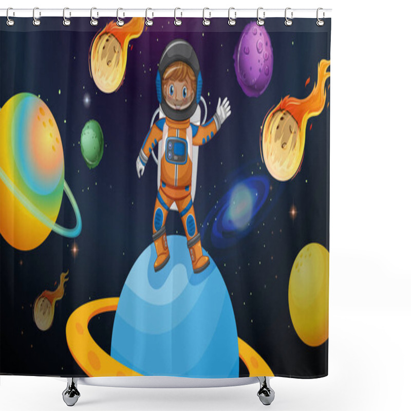 Personality  Astronaut Kid Standing On Satern Planet In Space Scene Illustration Shower Curtains