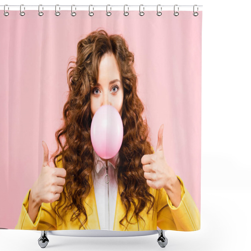 Personality  Attractive Happy Curly Girl With Bubble Gum Showing Thumbs Up, Isolated On Pink Shower Curtains