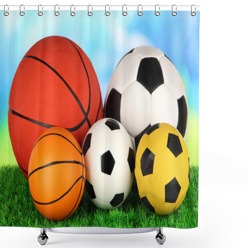 Personality  Sport Balls, On Green Grass, On Bright Background Shower Curtains