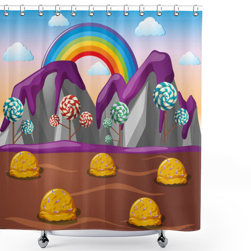 Personality  Candy Land With Chocolate River And Lolipop Trees Shower Curtains