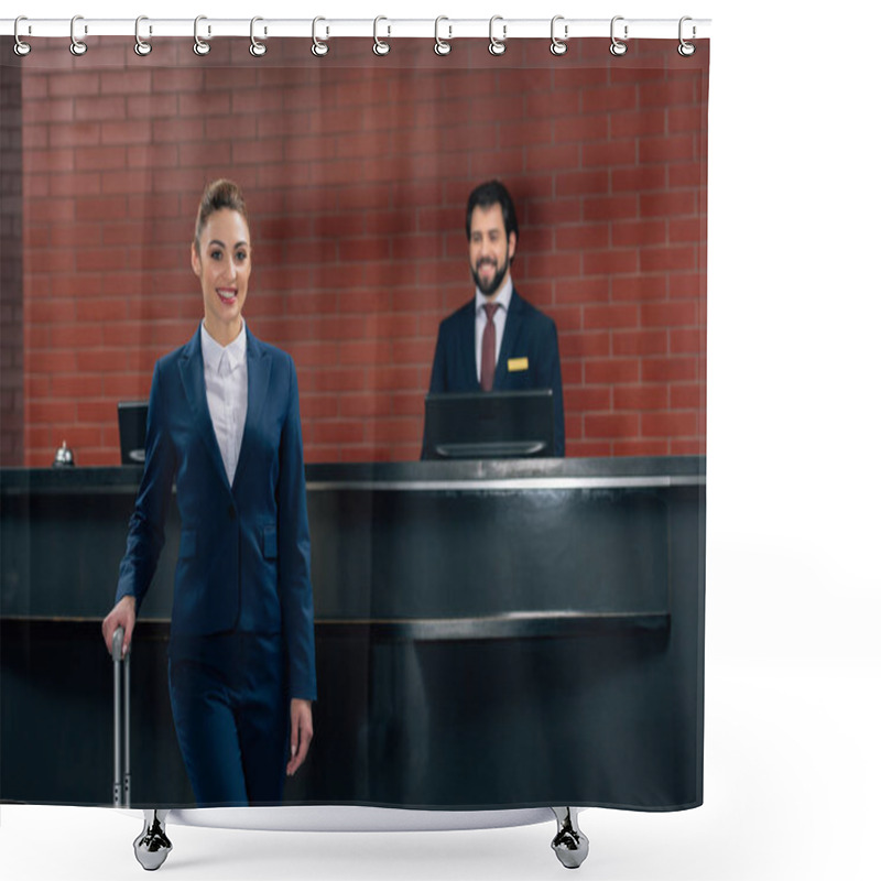 Personality  Smiling Businesswoman With Luggage Standing In Front Of Hotel Reception Counter With Administrator Shower Curtains