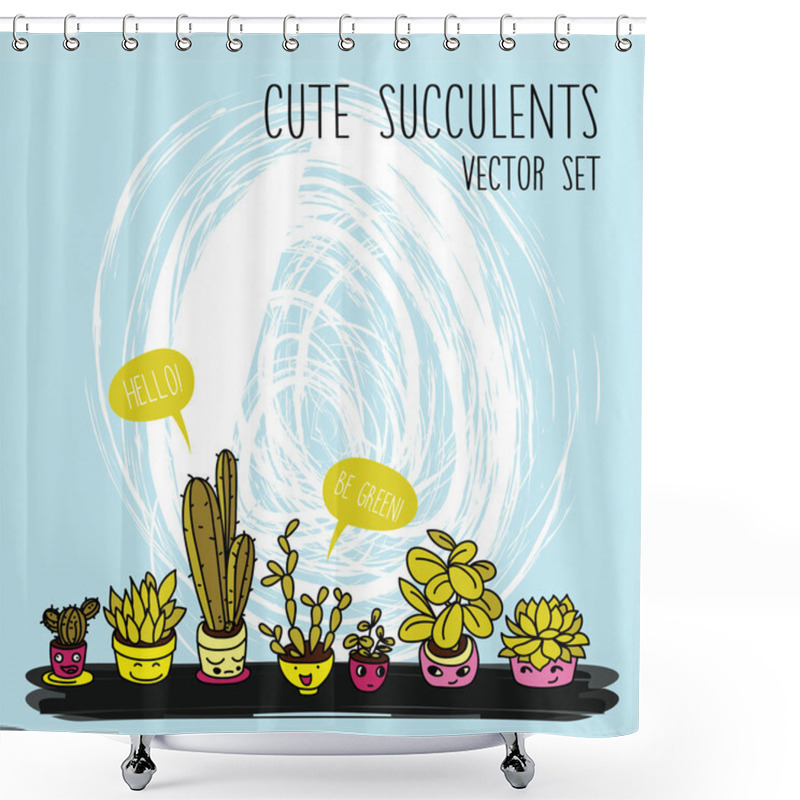 Personality  Set Of Cute Potted Plants With Funny Cartoon Faces And Speech Bubbles Shower Curtains