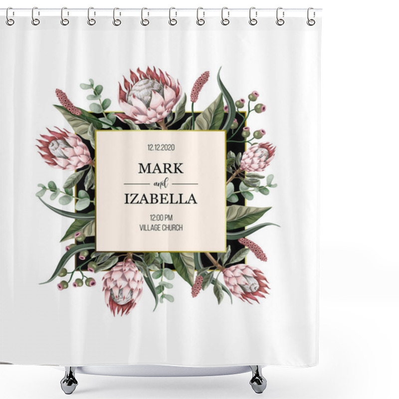 Personality  Wedding Invitation With Leaves, Protea Flowers, Succulent And Golden Elements In Watercolor Style. Shower Curtains