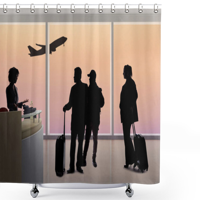 Personality  Silhouettes Of Passengers Waiting In Line At An Airport Check In Counter With An Attendant Checking Real ID Or Passport And Luggage. Shower Curtains