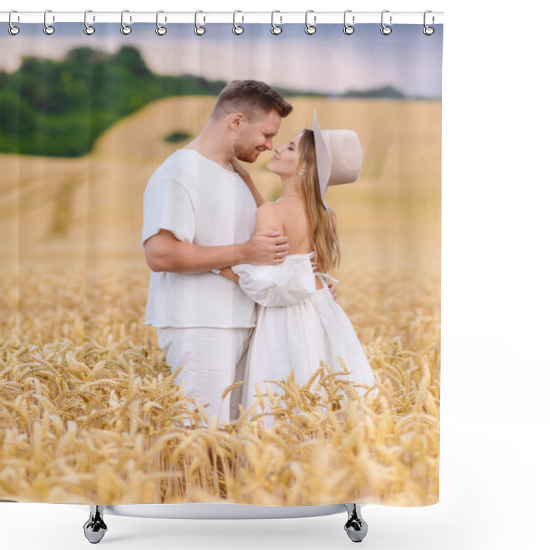 Personality  Beautiful Young Caucasian Couple In White Clothes Posing And Hugging In Wheat Field At Sunset Shower Curtains