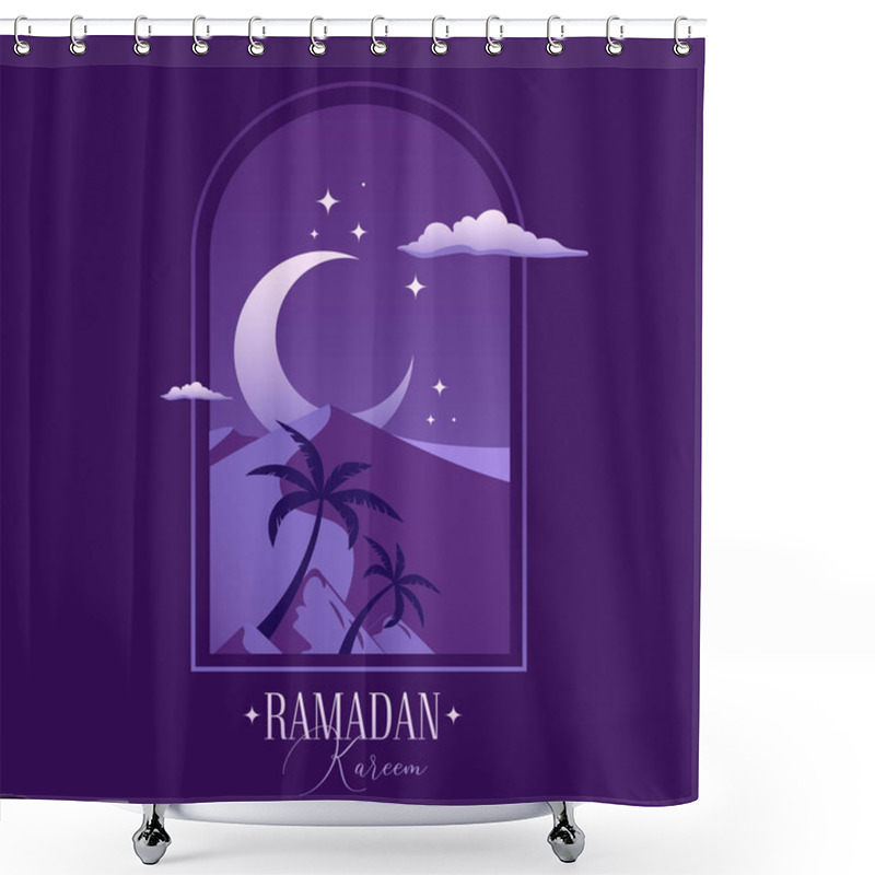 Personality  Arabian Landscape, Desert Dune Of Sand And Palm Trees Under A Crescent Moon Placed In An Arch Frame. Ramadan Kareem Holy Month Social Media Post Template. Muslim Festive Vector Illustration. Shower Curtains