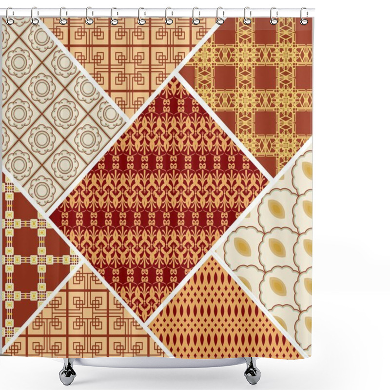 Personality  Patchwork Design In Art Deco Style. Decorative Vector Abstract Tile In Style Stitched Textile Patches With Different Ornament In Beige And Red Shower Curtains