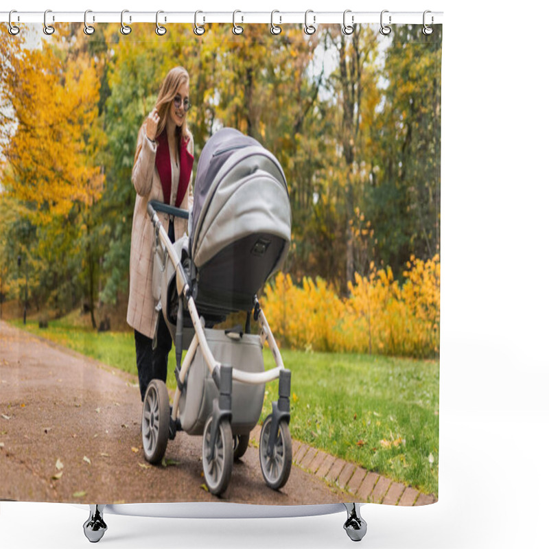 Personality  Cheerful Mother With Stroller Walks In  Autumn Park Away From The Bustle Of The City Shower Curtains