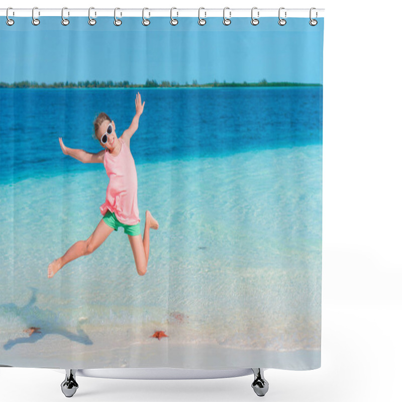 Personality  Adorable Little Girl Having Fun On The Beach Full Of Starfish On The Sand Shower Curtains