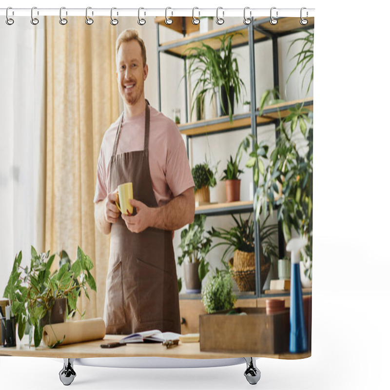 Personality  A Handsome Man In An Apron Enjoys A Cup Of Coffee In A Plant Shop, Embodying The Essence Of Owning A Small Business. Shower Curtains