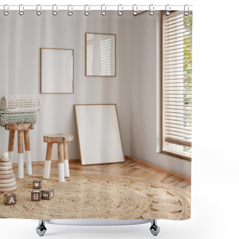 Personality  Mock Up Frame In Children Room With Natural Wooden Furniture, 3D Render Shower Curtains