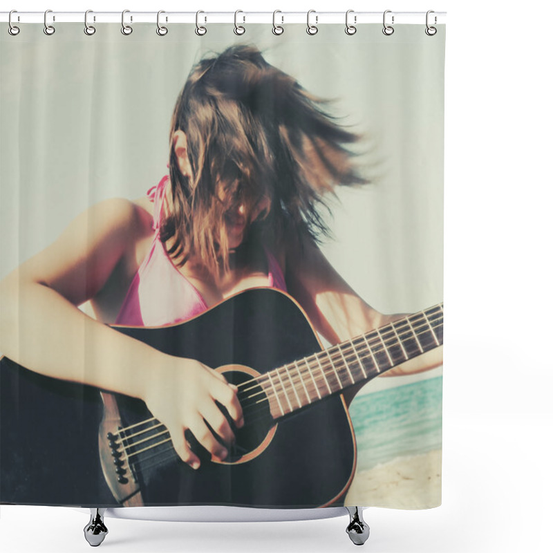 Personality  Girl Playing Guitar On The Beach Shower Curtains