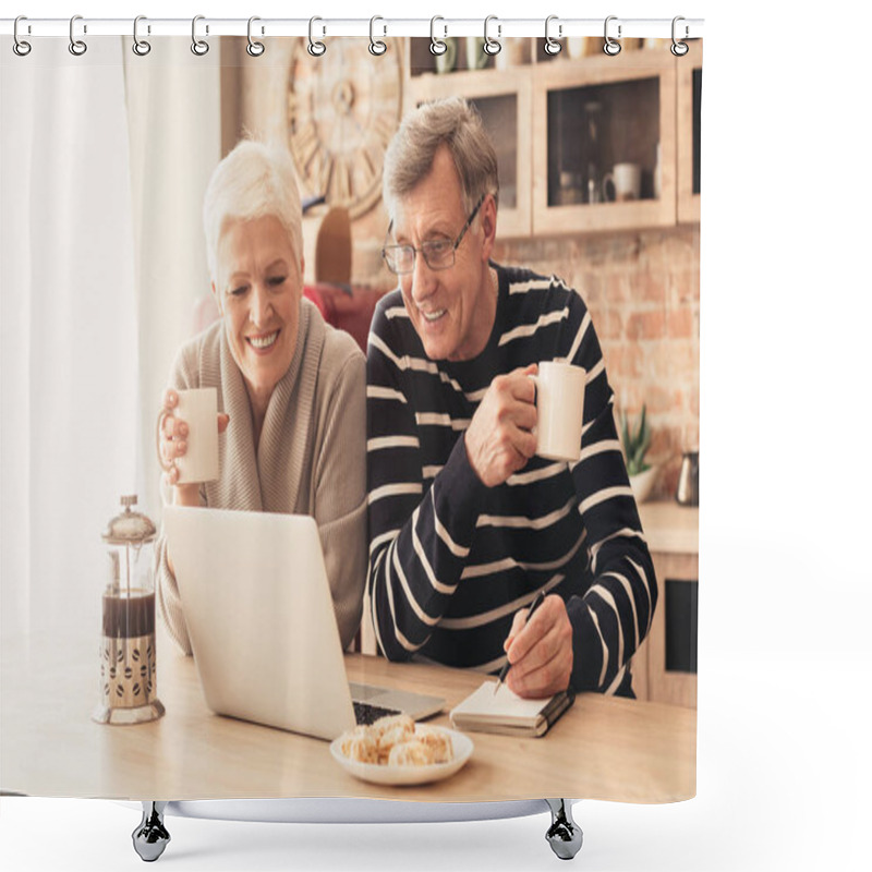 Personality  Cheerful Senior Couple Looking At Laptop In Kitchen Shower Curtains