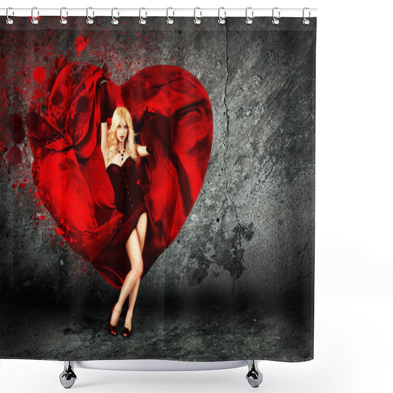 Personality  Woman With Splashing Heart On Dark Background Shower Curtains