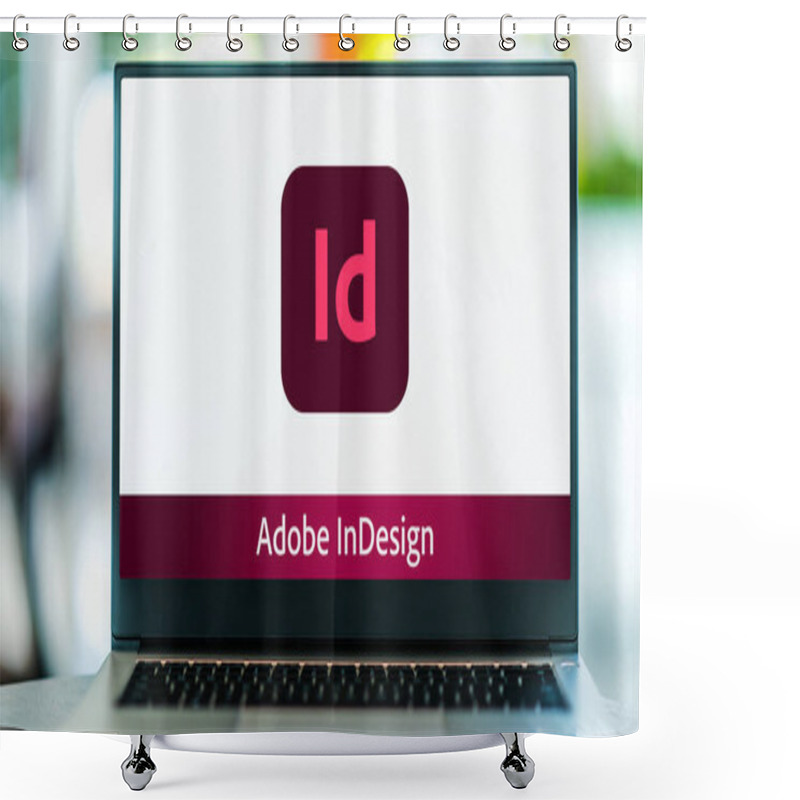 Personality  POZNAN, POL - MAY 15, 2021: Laptop Computer Displaying Logo Of Adobe InDesign, A Desktop Publishing And Typesetting Software Application Produced By Adobe Systems Shower Curtains