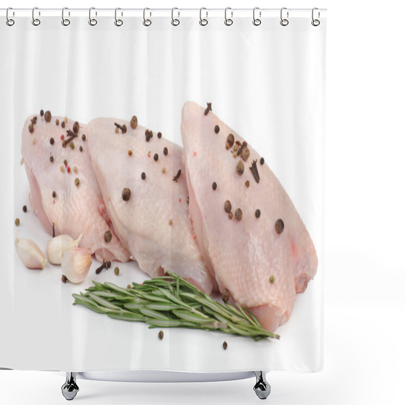 Personality  Chicken Breast On The Rib On The White Background With Greens Shower Curtains