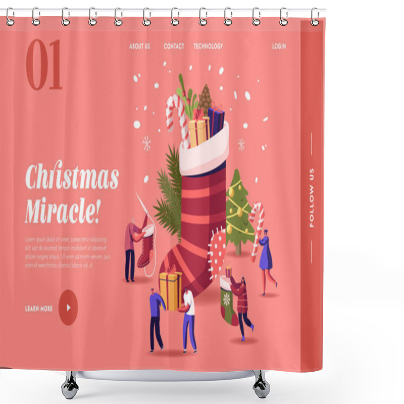 Personality  Happy Characters Celebrating Christmas Landing Page Template. People At Huge Sock With Gifts And Decorated Fir Tree Shower Curtains