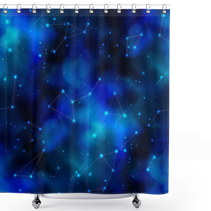 Personality  Endless Texture Of Cosmic Universe. Night Sky With Constellations, Nebulas, Comets, Stars, Planets Etc. Decorative Design For Prints, Fabrics, Wallpapers Etc. Seamless Pattern. Vector Illustration Shower Curtains