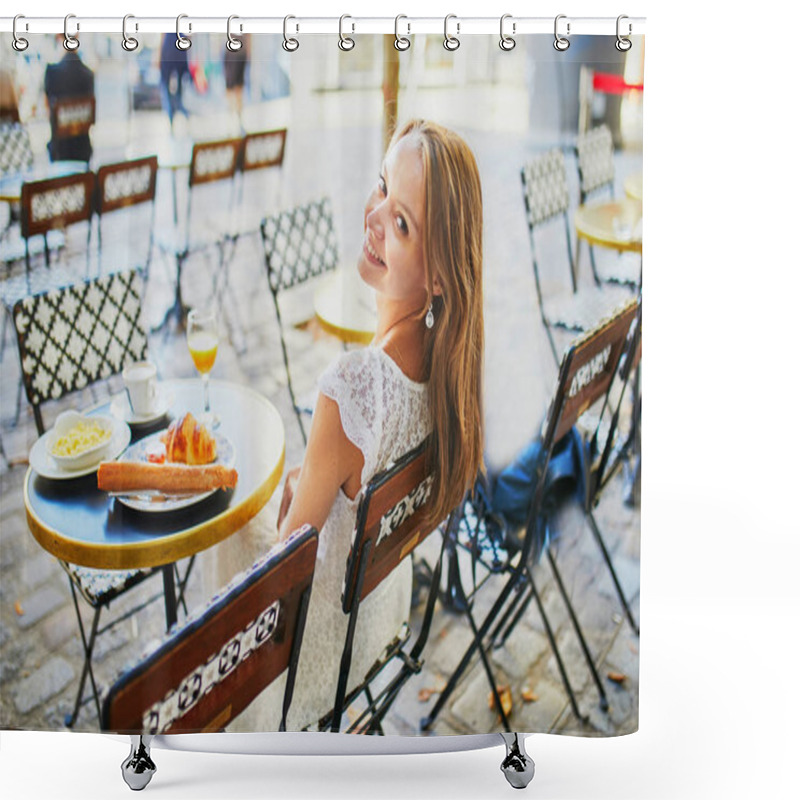 Personality  Cheerful Young Woman Having Breakfast Or Brunch In Traditional French Cafe Shower Curtains