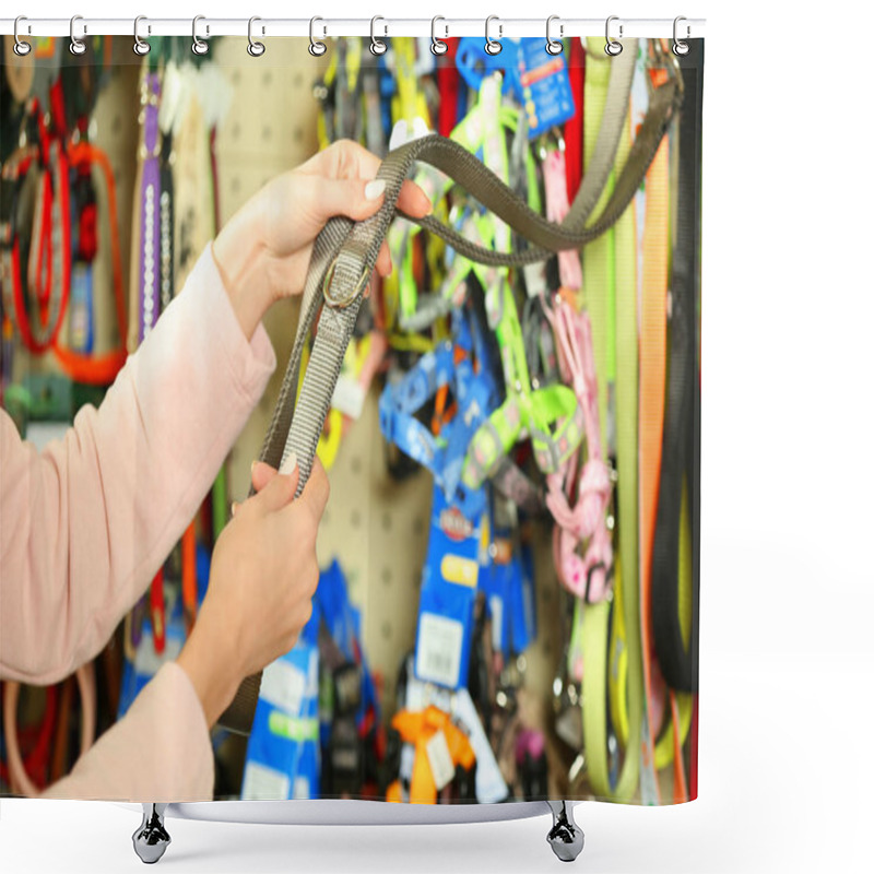 Personality  Hands Of Woman Selecting Lead In Pet Shop, Close Up View Shower Curtains