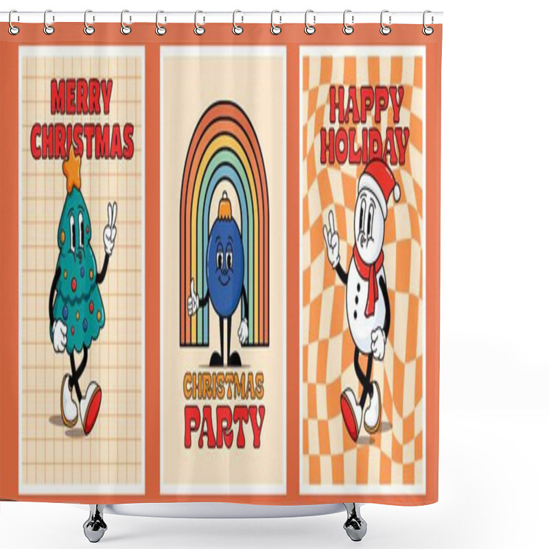 Personality  Set Of Cool Retro Cards With Characters. Cool Hippie Christmas.Cool And Bright Greeting Card,Merry Christmas,Christmas Party, Happy Holiday Poster, Print, Party Invitation, Background. Shower Curtains