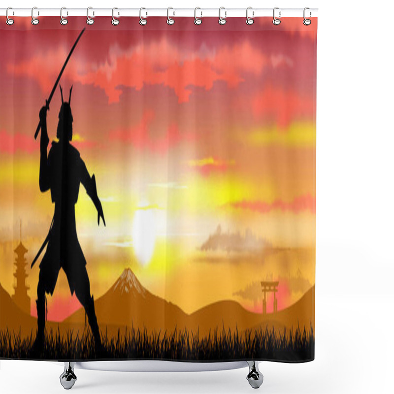 Personality  Japanese Samurai Warrior With A Sword At Sunset. A Man Stands With A Sword In His Hands Against The Backdrop Of A Sunny Sunset, Against The Backdrop Of Mount Fuji, A Pagoda And A Gate. The Warrior Is Dressed In Combat Protective Armor. Shower Curtains