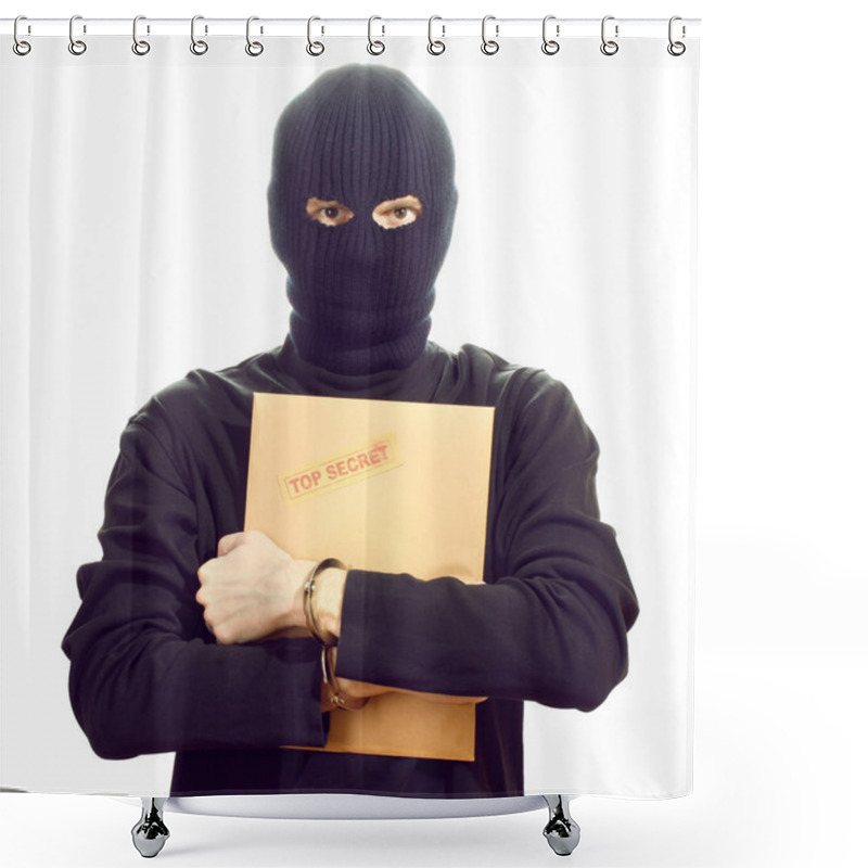 Personality  Bandit In Black Mask In Handcuffs With Top Secret Envelope Isolated On White Shower Curtains