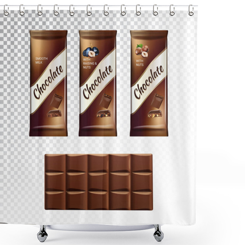 Personality  Vector Realistic Illustration Of Packaging And Chocolate Bar With Hazelnut And Raisins. Shower Curtains