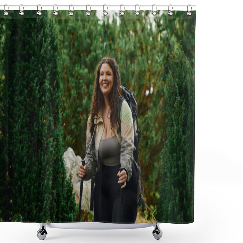 Personality  A Cheerful Plus Size Woman Walks Through A Lush Forest, Embracing Natures Beauty And Adventure. Shower Curtains