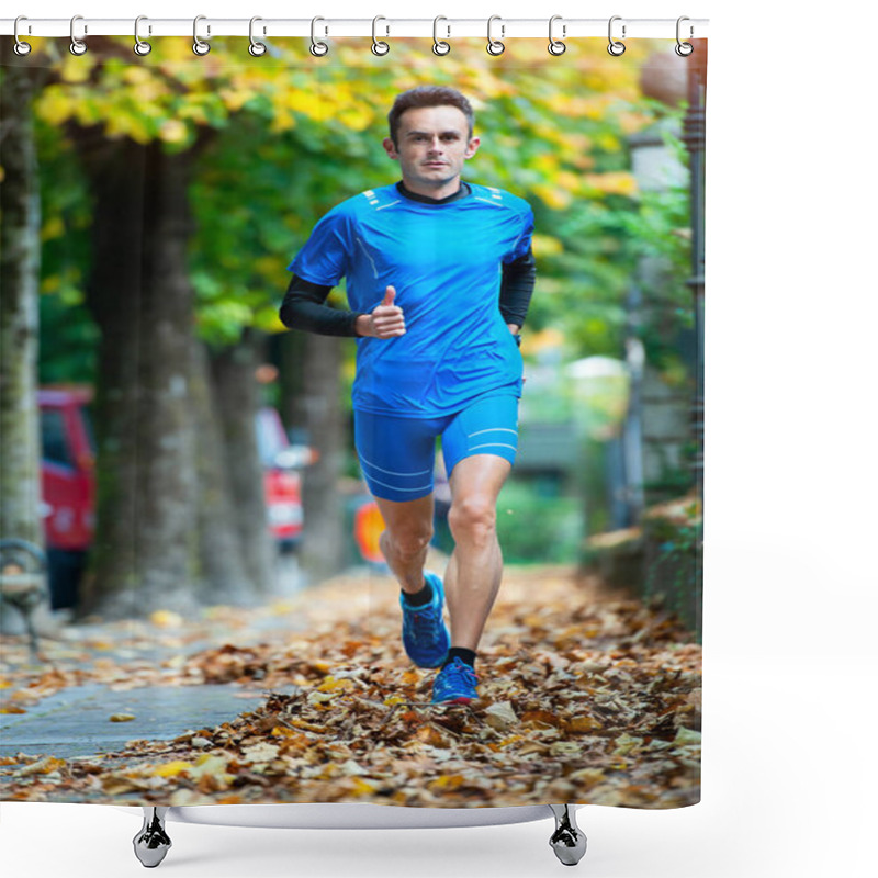 Personality  High-level Cross-country Runner During An Autumn Training Session. Shower Curtains