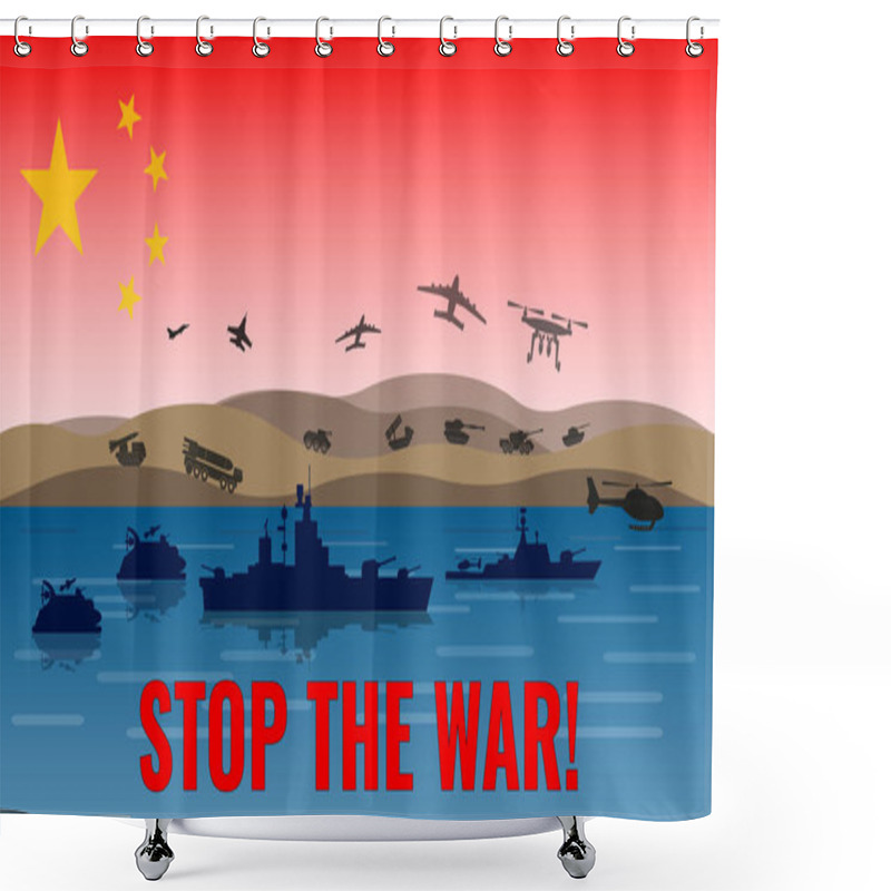 Personality  Illustration Of Chinese Military Exercises Off The Coast Of Taiwan In The South China Sea. View On The Background Of The Flag Of China. Shower Curtains