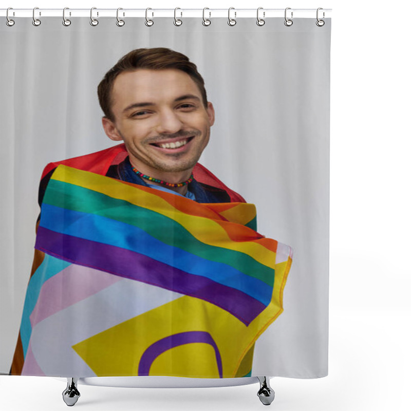 Personality  Appealing Cheerful Gay Man In Vibrant Casual Attire Holding Rainbow Flag And Smiling At Camera Shower Curtains