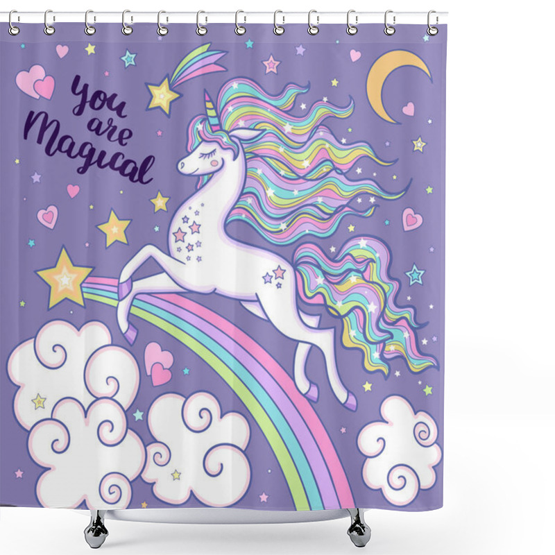 Personality  White Unicorn With A Rainbow Mane. Childrens Illustration. Vector Shower Curtains