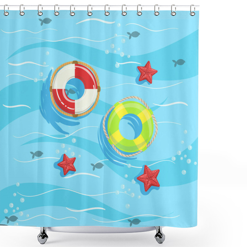 Personality  Two Ring Buoys With Blue Sea Water On Background Shower Curtains