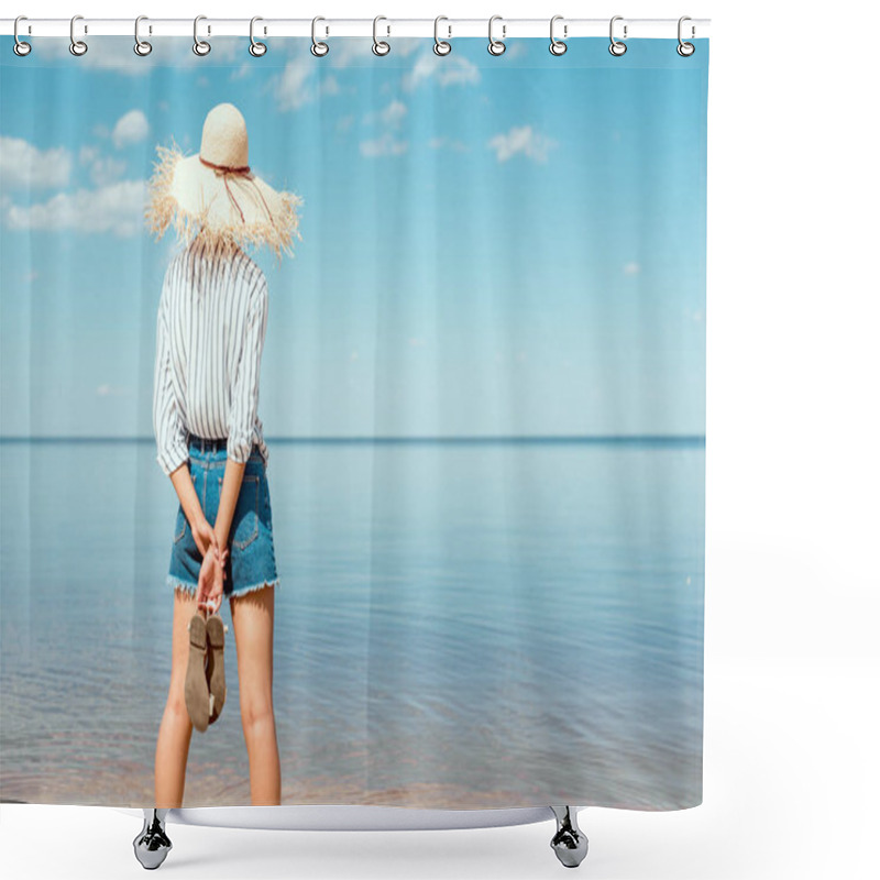 Personality  Rear View Of Woman In Straw Hat Holding Sandals And Looking At Sea  Shower Curtains