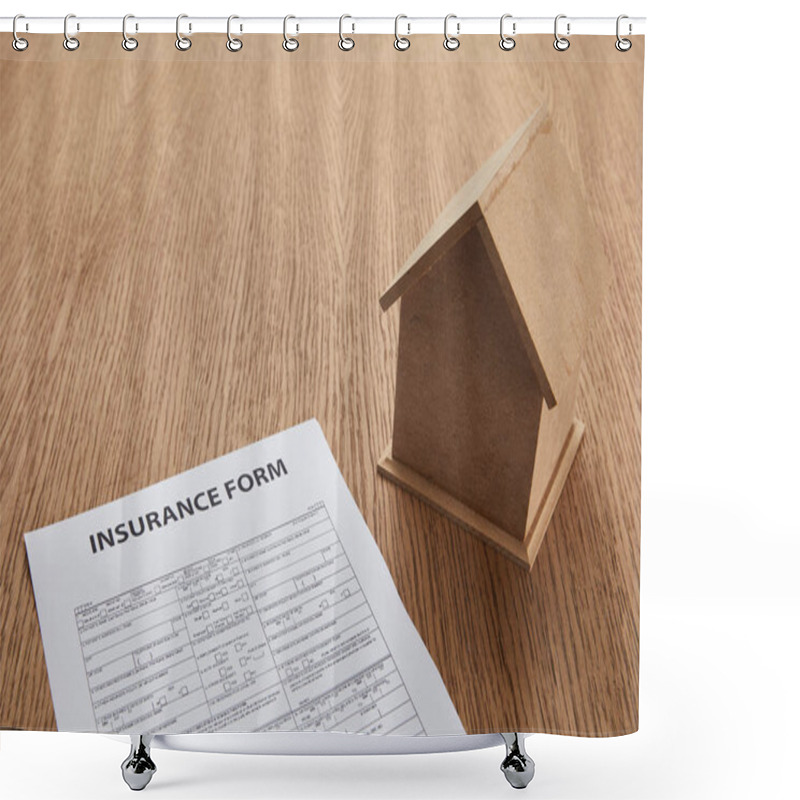 Personality  Close-up View Of Insurance Form And Small House Model On Wooden Table With Copy Space  Shower Curtains