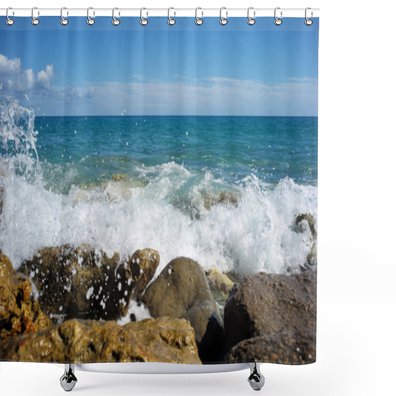 Personality  Sea Waves Hit Stony Seashore Shower Curtains