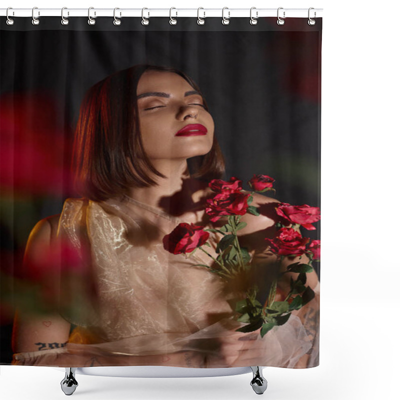 Personality  Dreamy Young Woman In Romantic Transparent Dress Holding Blooming Red Roses On Black Backdrop Shower Curtains