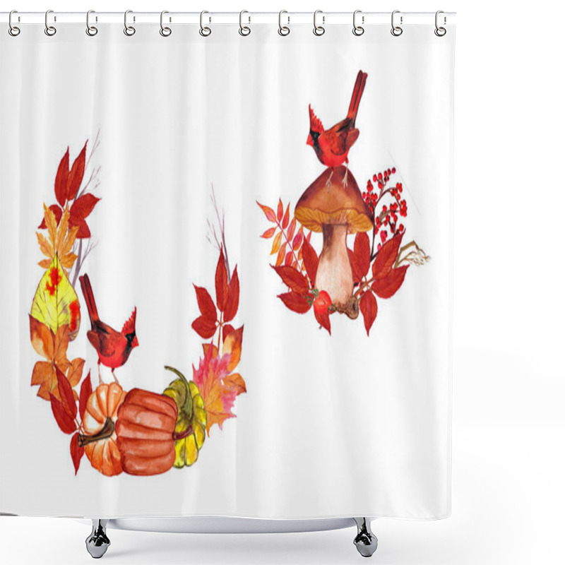 Personality  Cardinal Red Bird On A Mushroom, Autumn Leaves, Composition On A White Background, For Decoration Of Cards, Wedding Invitations, Clothes, Dishes, Children's Textiles Shower Curtains