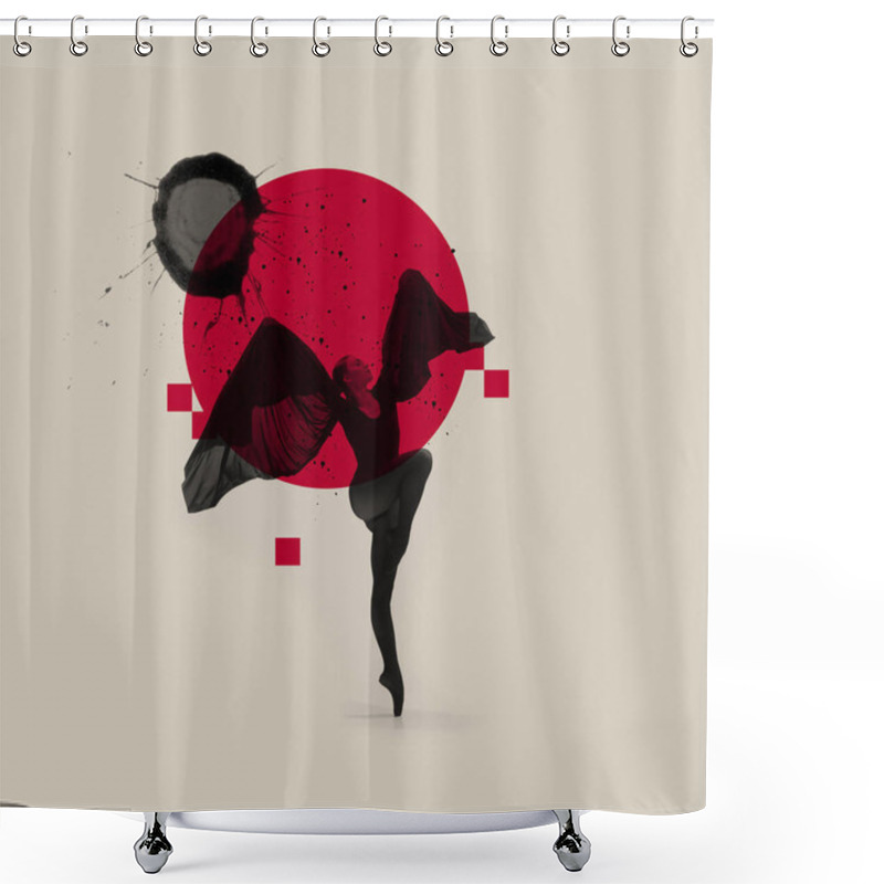 Personality  Colorful Retro Design. Young Ballerina In Black Bodysuit Dancing Isolated Over Gray Background With Red And Black Geometric Elements Shower Curtains