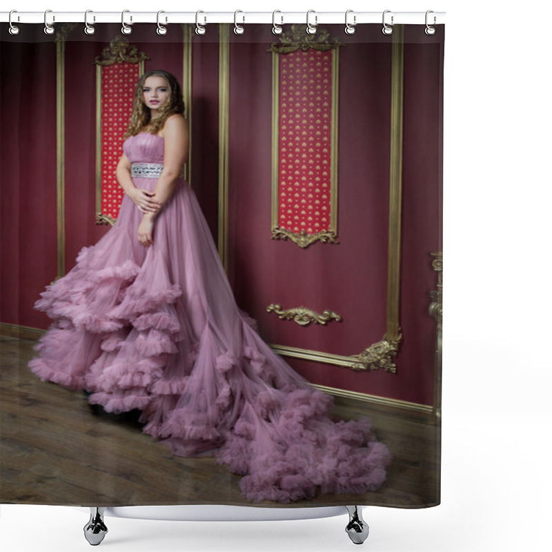 Personality  Portrait Of Young Beautiful Girl In Long Pink Dress Shower Curtains