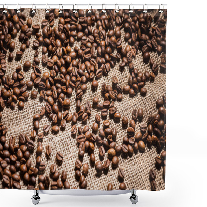 Personality  High Angle View Of Roasted Coffee Beans Spilled On Sackcloth Shower Curtains