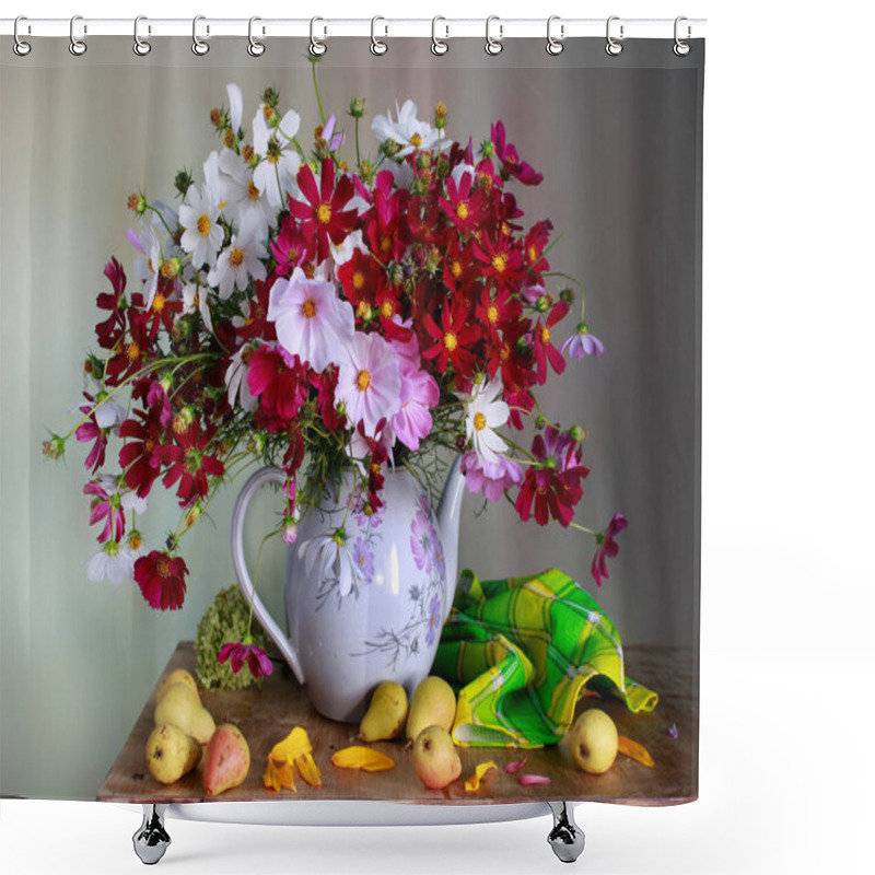 Personality  A Beautiful Bouquet With Cosmei In A Vase With Water And Pears On The Table. Shower Curtains