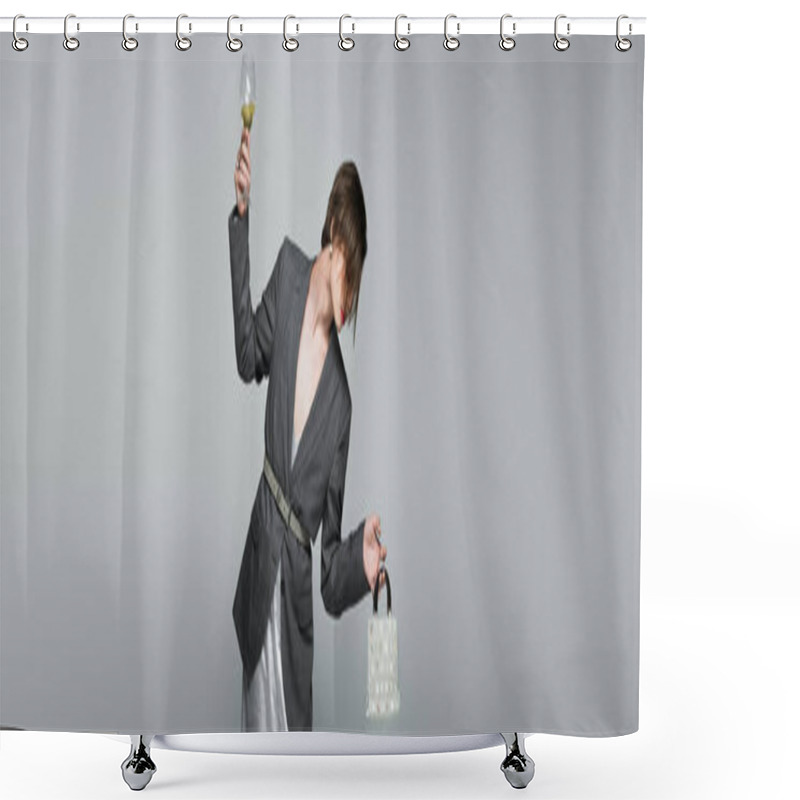 Personality  Transgender Man In Slip Dress With Blazer Holding Purse And Glass Of Wine Isolated On Grey, Banner Shower Curtains